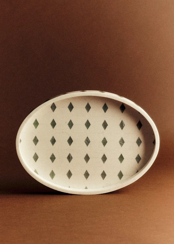 Oval Tray - Ecru and Green Diamond Pattern