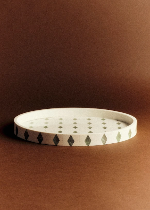 Oval Tray - Ecru and Green Diamond Pattern