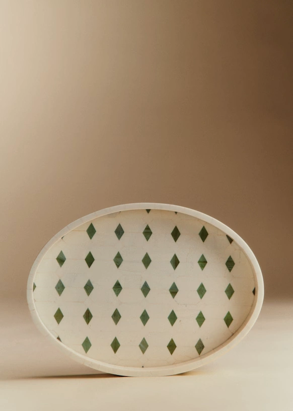 Oval Tray - Ecru and Green Diamond Pattern 5 Oval Tray - Ecru and Green Diamond Pattern