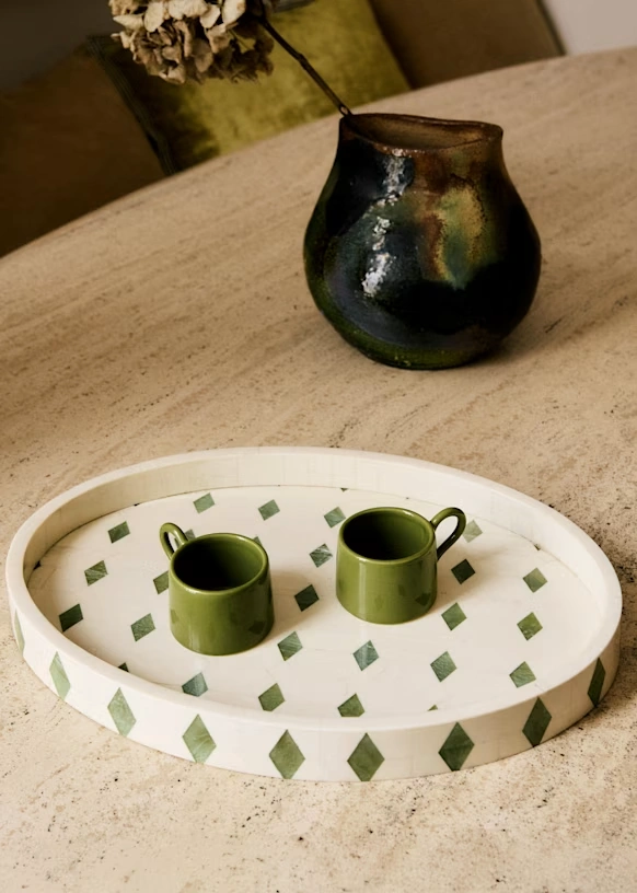 Oval Tray - Ecru and Green Diamond Pattern 6 Oval Tray - Ecru and Green Diamond Pattern