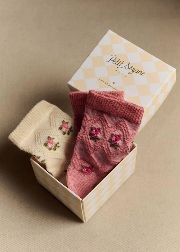 Estuche de 2 calcetines Julia - Flores Vintage Crudo y Rosa