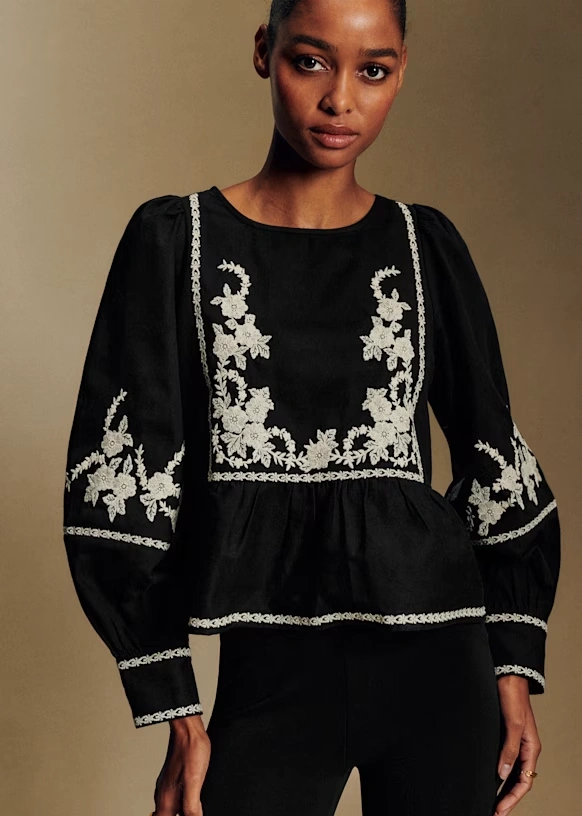 Léa Blouse - Black with Cream Embroidery 1 Léa Blouse - Black with Cream Embroidery