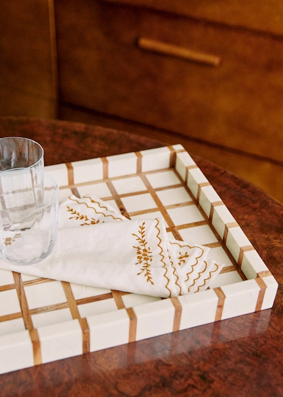 Set of 2 napkins - Primavera Embroidered - Ecru and Caramel