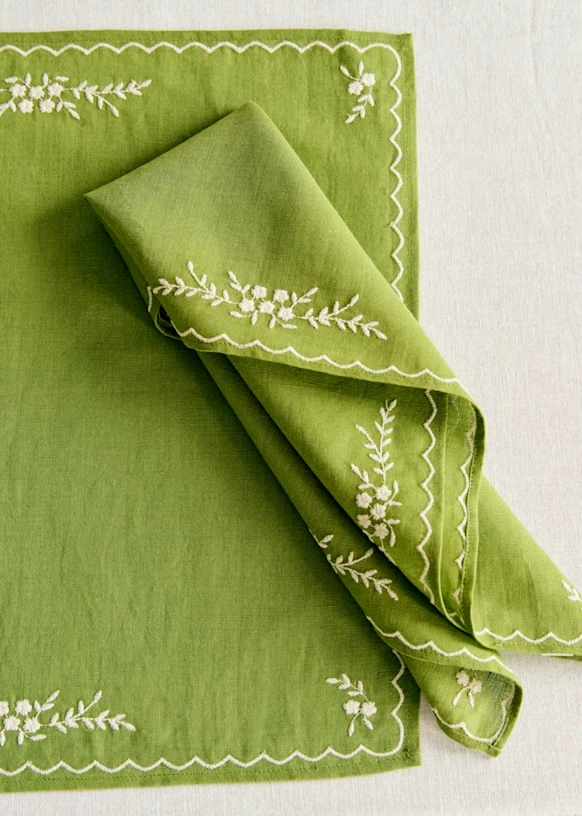 Set of 2 napkins - Primavera Embroidered - Ecru and Caramel