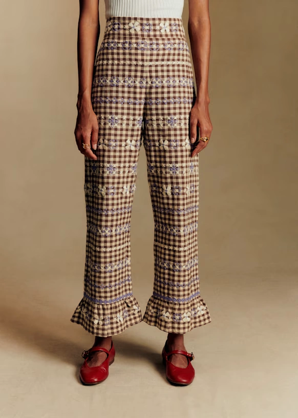 Pantalón Alexio - Vichy Marrón Bordados Lila