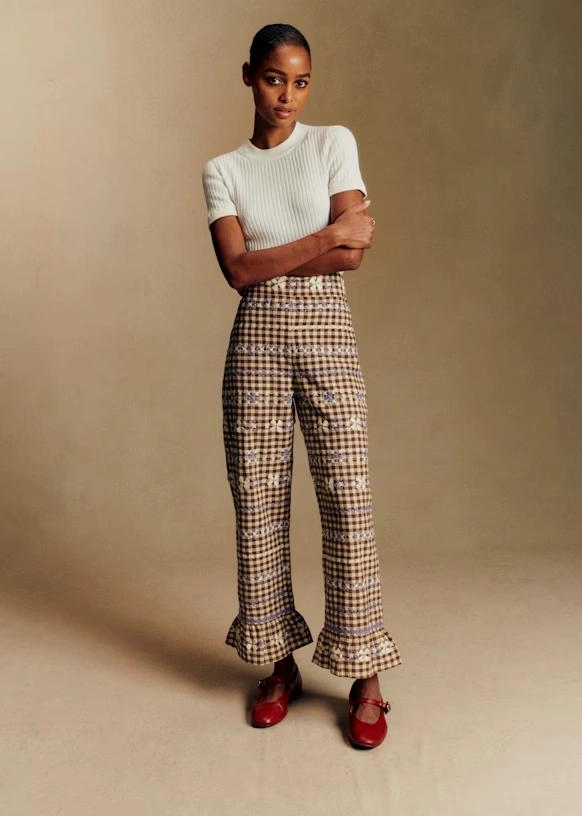 Pantalón Alexio - Vichy Marrón Bordados Lila